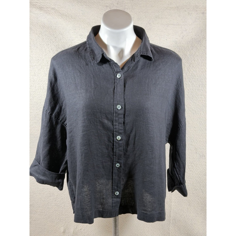 Sigrid Olsen Linen Button Shirt Womens L Black Roll Tab Coastal Minimalist